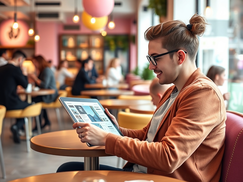Молодой человек в очках сидит в кафе и использует планшет, улыбаясь. Вокруг люди общаются.