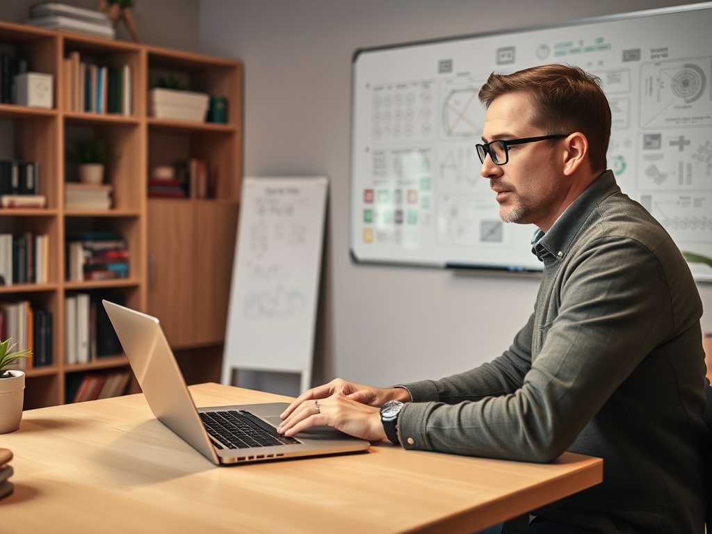 Мужчина работает за ноутбуком в современном офисе с bookshelf и флипчартом на заднем плане.