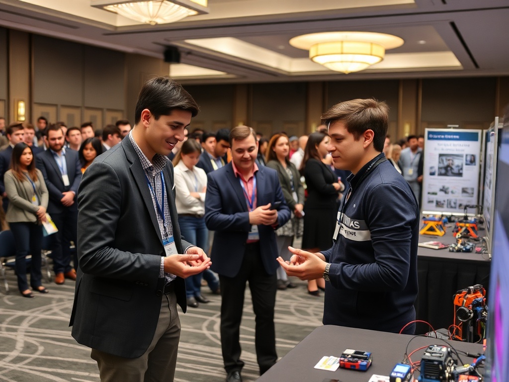 Два молодых человека обсуждают проекты на выставке, вокруг них собрались зрители. На столе — робототехника.