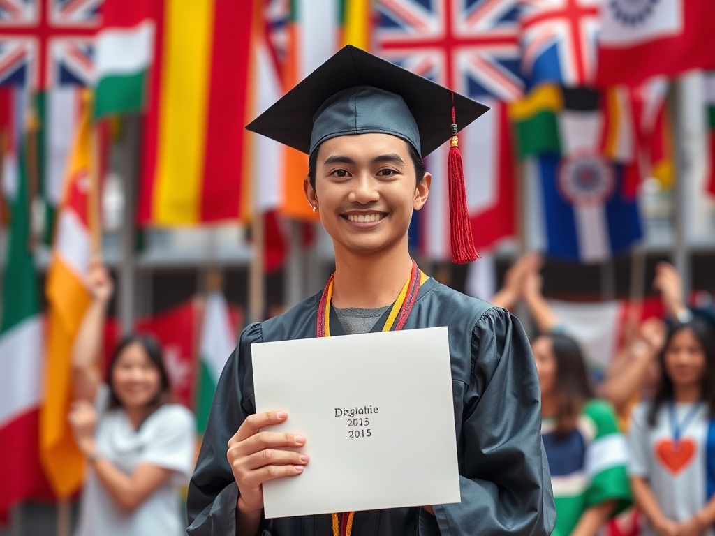Молодой человек в выпускной одежде с дипломом на фоне флагов разных стран улыбается.