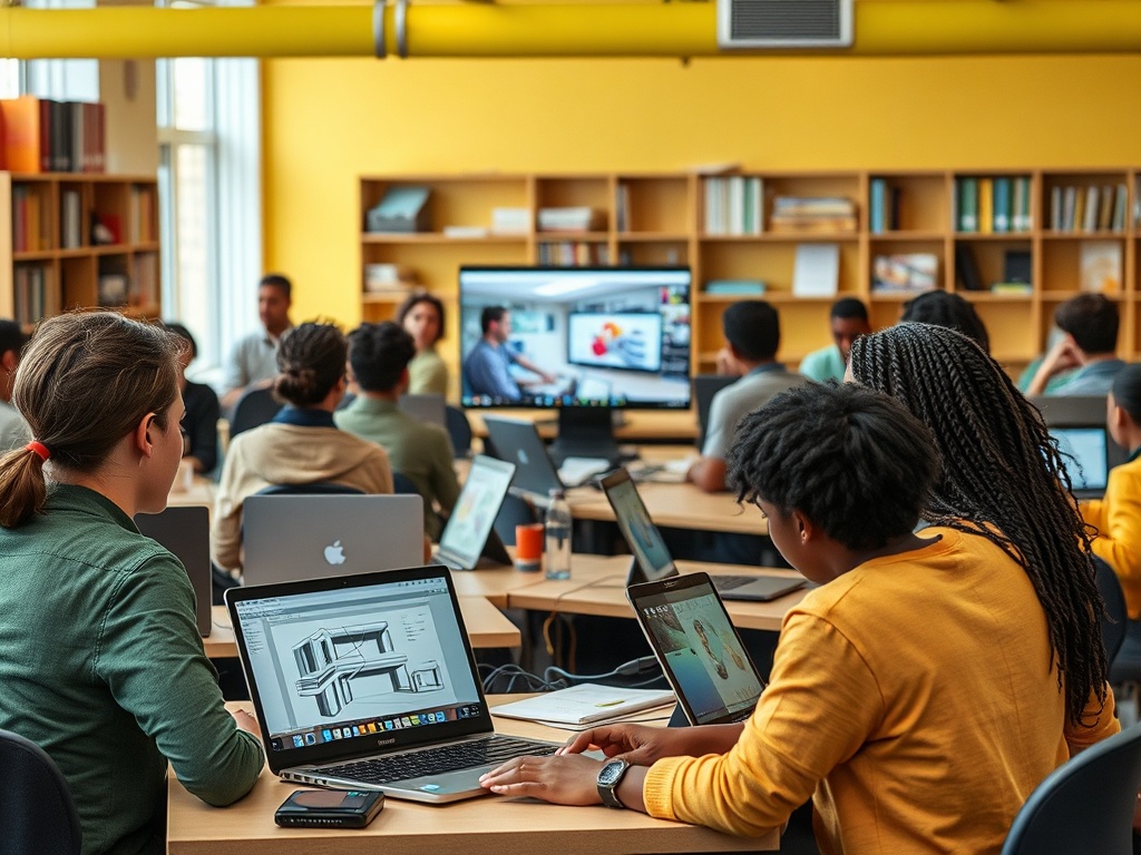 Группа студентов за компьютерами в классе. На доске проекция работы преподавателя. Атмосфера обучения.