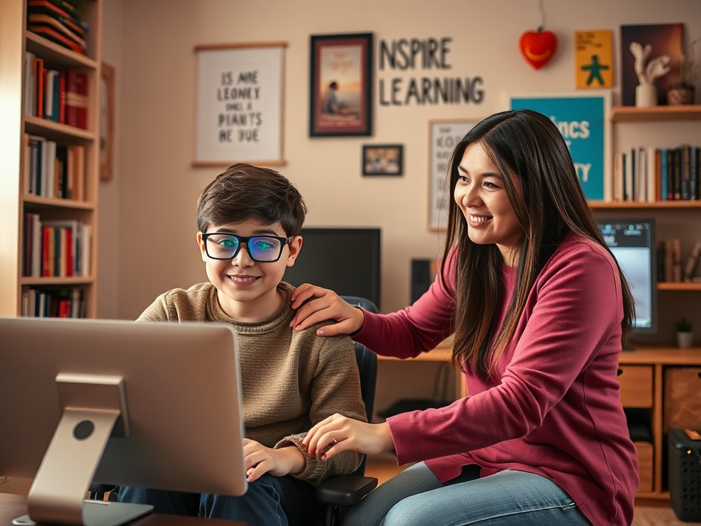 Мальчик с очками улыбается, пока женщина помогает ему за компьютером в уютной обстановке.