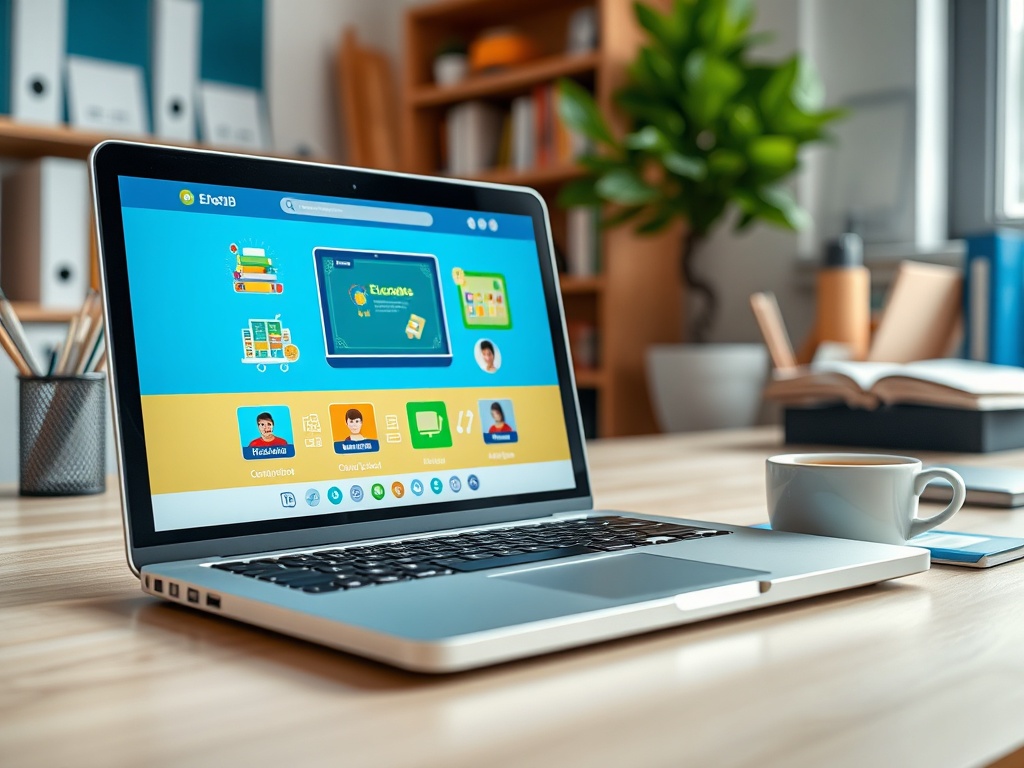 Ноутбук на столе с открытым экраном программы и чашкой кофе рядом. Окружение современного рабочего места.