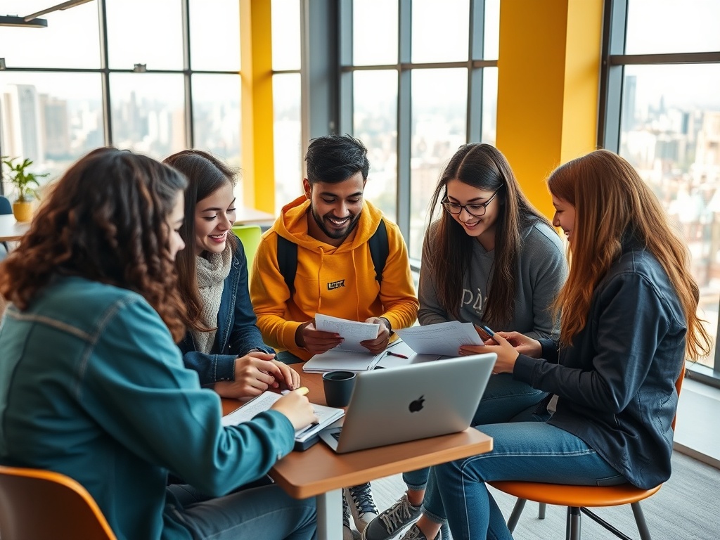 Группа студентов обсуждает идеи за столом с компьютером и бумагами, за окнами виден город.