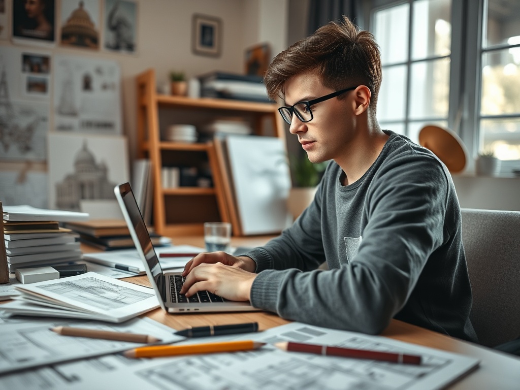 Молодой человек работает за столом с ноутбуком, окружённый бумагами и чертежами.