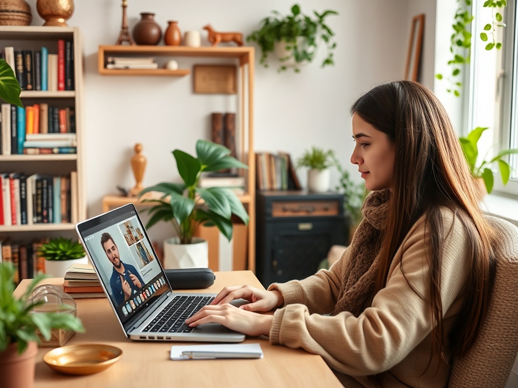 Молодая женщина работает за столом, общаясь через ноутбук в уютном интерьере с растениями и книгами.