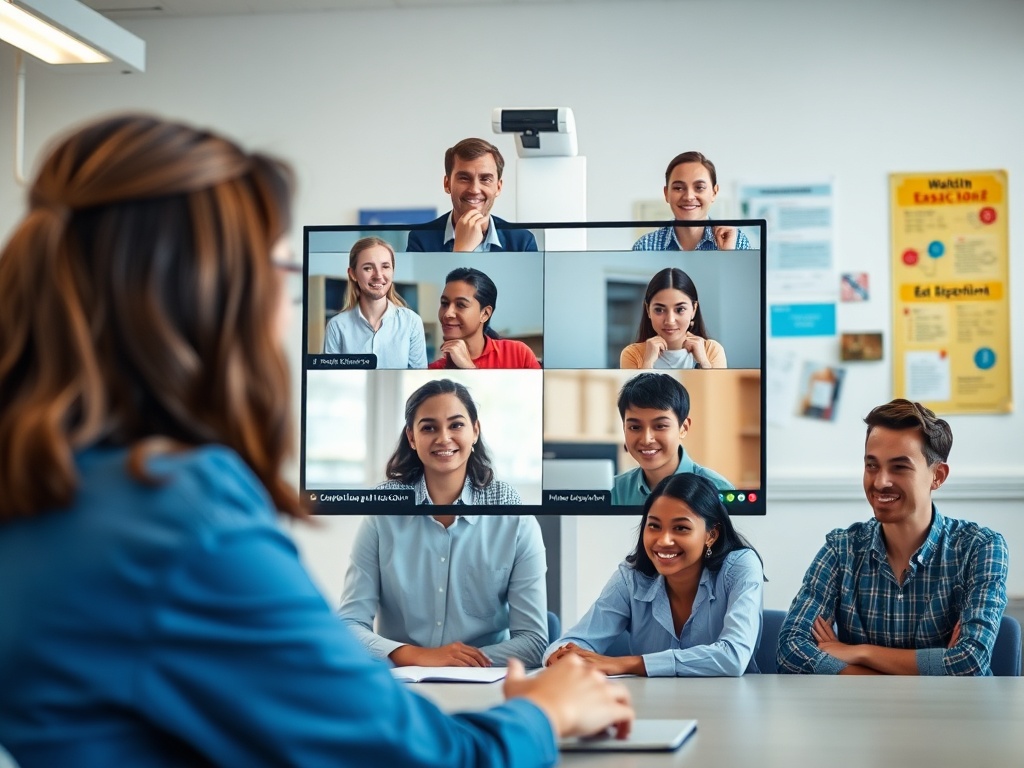 На экране видеозвонка несколько человек общаются, сидя за столом в офисе.