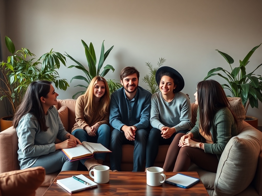Группа людей общается в уютной обстановке, среди растений и чашек кофе на столе. Атмосфера дружелюбная.
